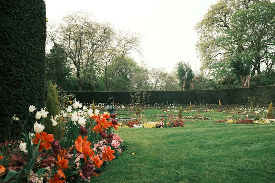 A well-maintained garden shows a lush green lawn in the foreground with vibrant flowerbeds filled with tulips and other seasonal blossoms along the left side, bordered by a neatly trimmed hedge. Beyon